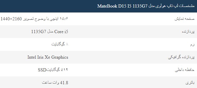 لپ تاپ 15.6 اینچی هوآوی مدل MateBook D15 I5 1135G7
